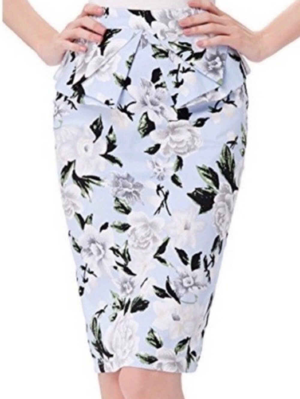 Grace Karin Light Blue Floral Pencil Skirt - Size M